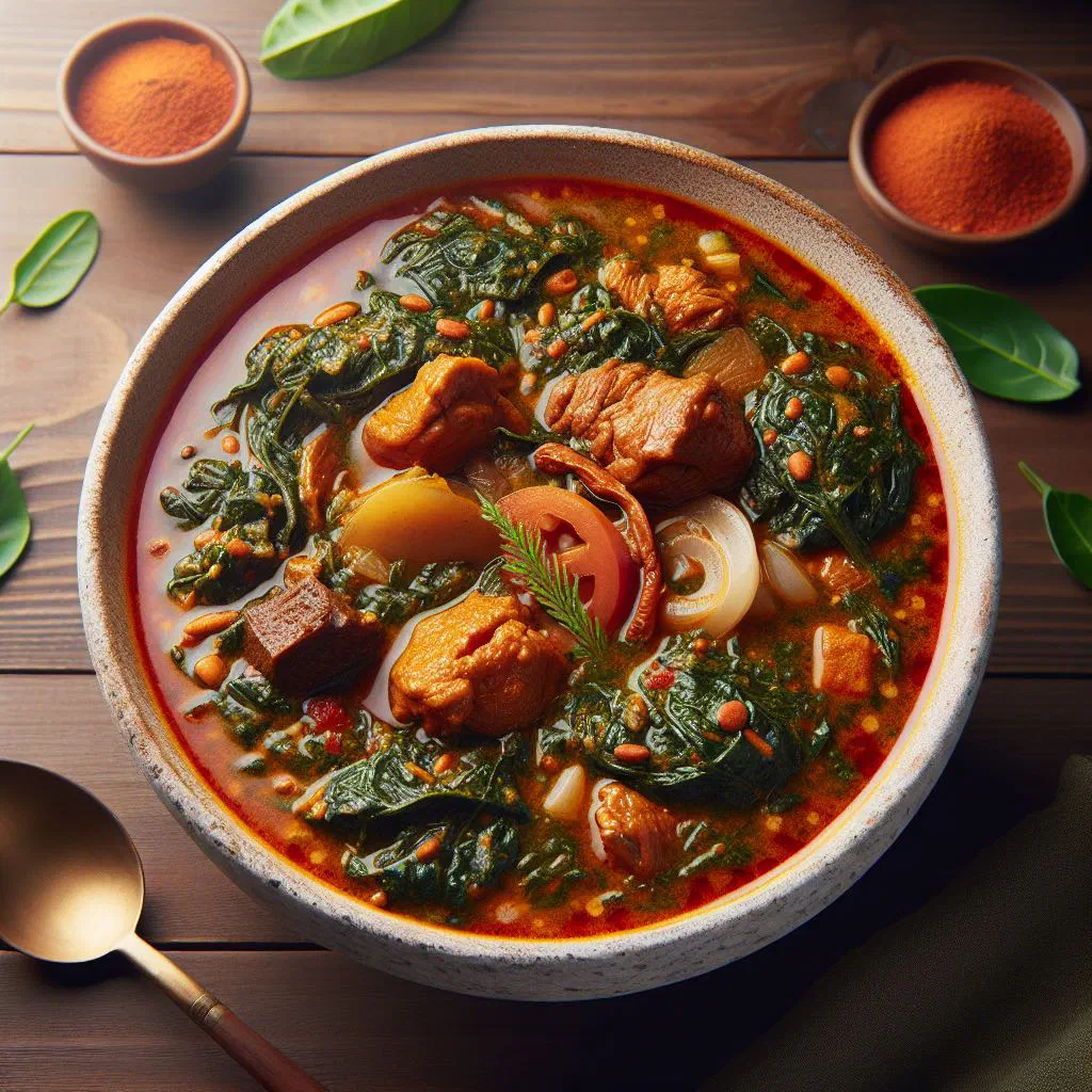 A bowl of hearty bitter leaf soup with tender meat and greens