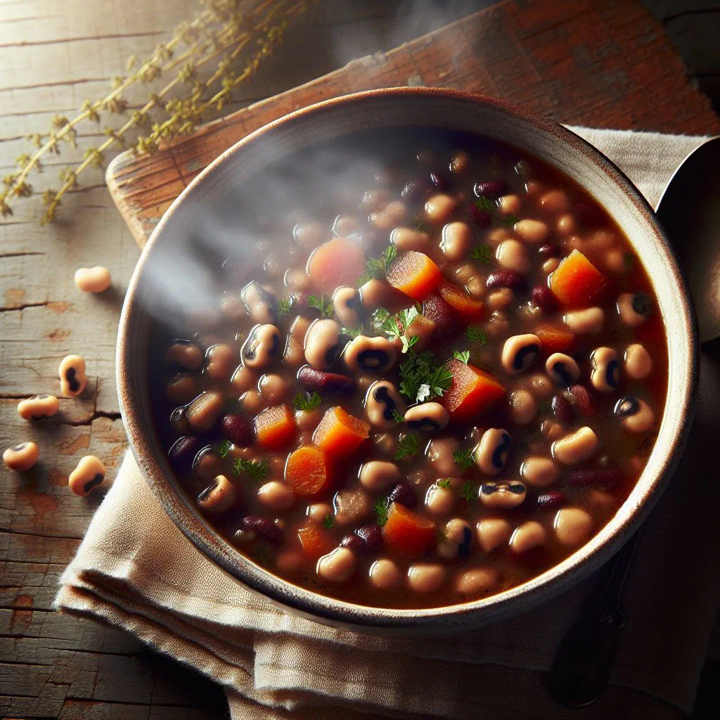 A bowl of black-eyed pea stew with tomatoes, peppers and fresh herbs