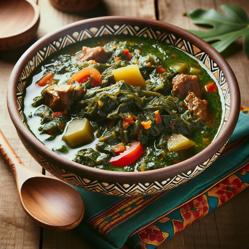 Rich cassava leaf stew simmered in palm oil, served with rice