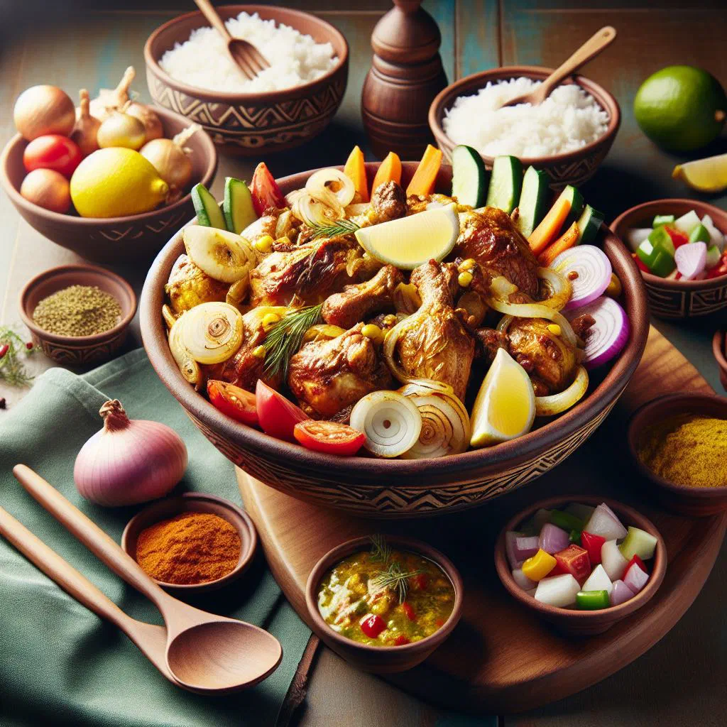 Chicken yassa with golden onions and a tangy lemon sauce served over rice