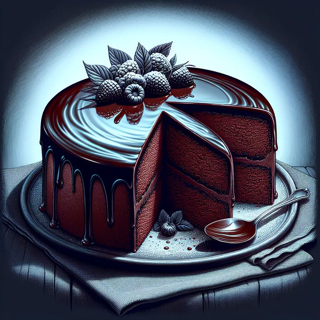 A rich chocolate cake dusted with cocoa and fresh berries