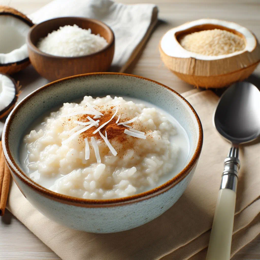 Creamy coconut rice pudding in a bowl topped with fresh fruit and coconut shavings