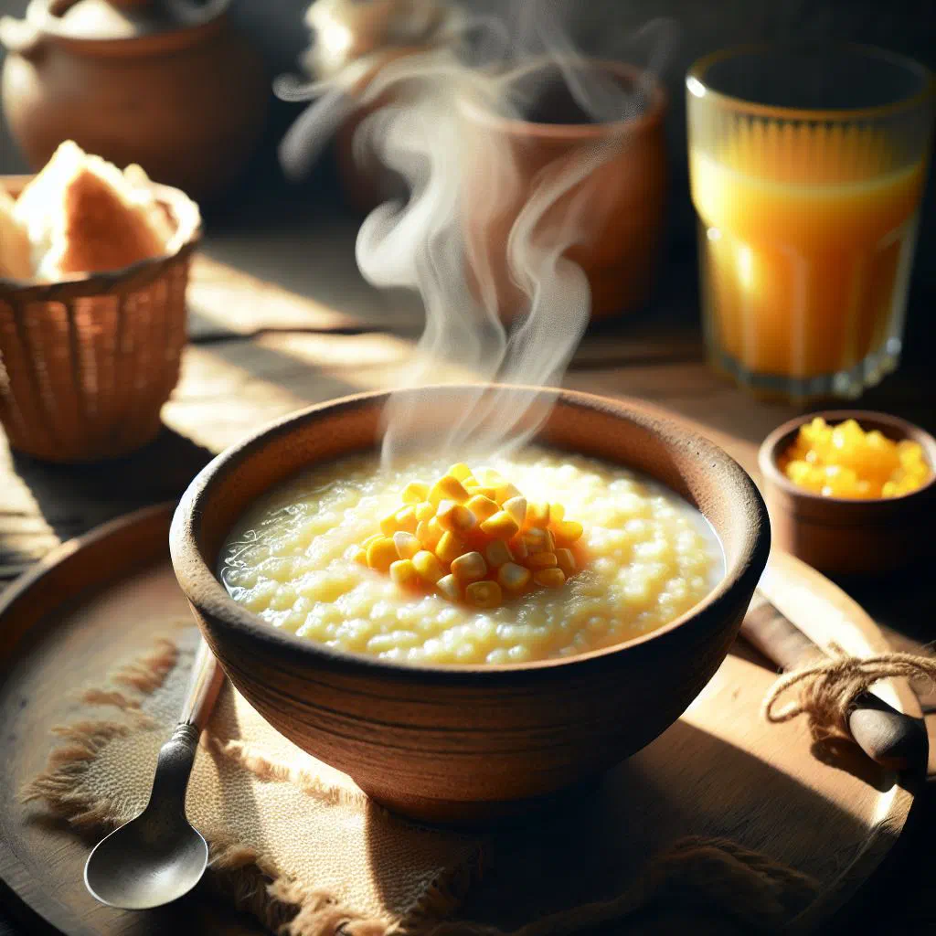 A warm bowl of cornmeal porridge topped with fresh sliced fruit