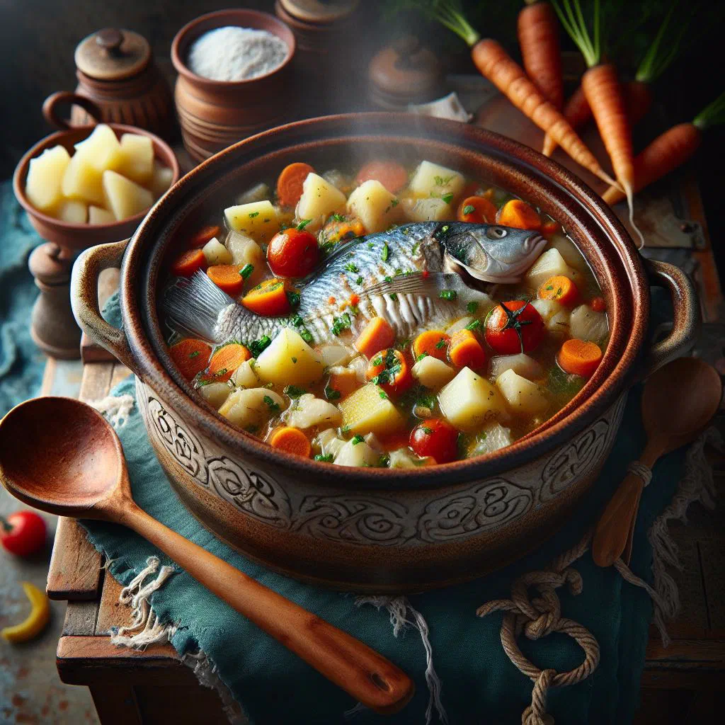 Sierra Leonean fish stew in a rich tomato sauce garnished with fresh herbs