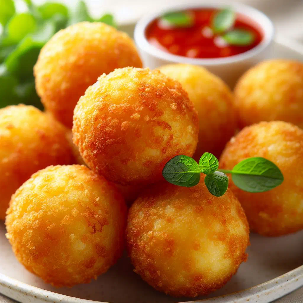 Golden fried cassava balls on a plate with fresh herbs