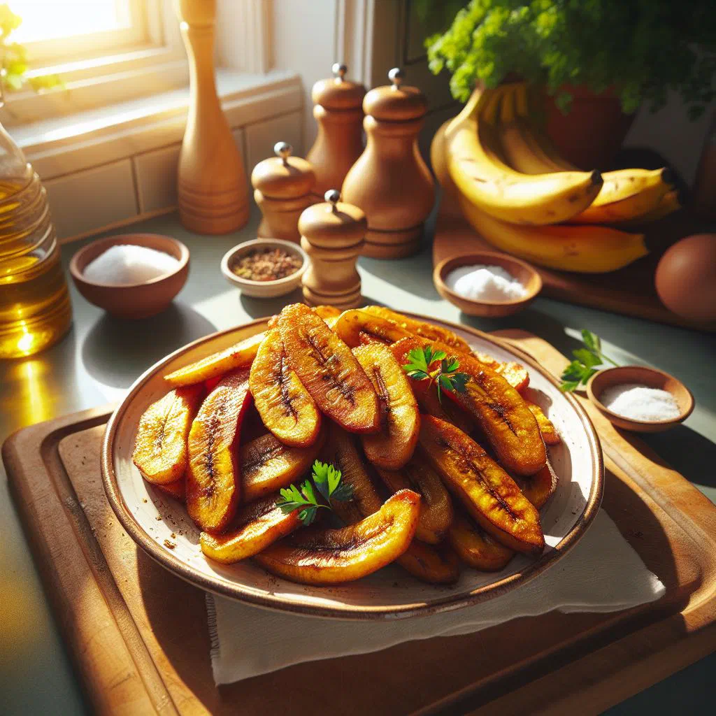Golden fried plantain slices on a plate
