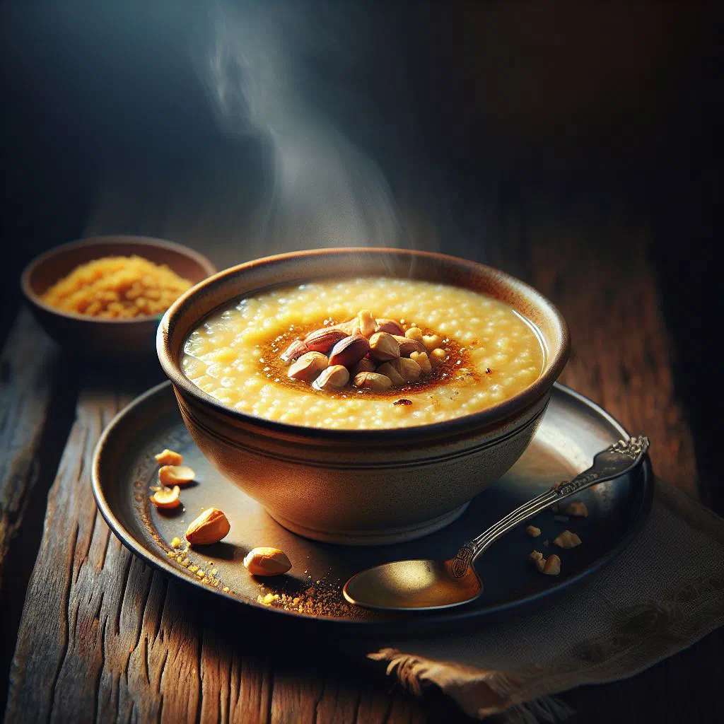 Bowl of creamy groundnut porridge topped with chopped nuts and a sprinkle of cinnamon