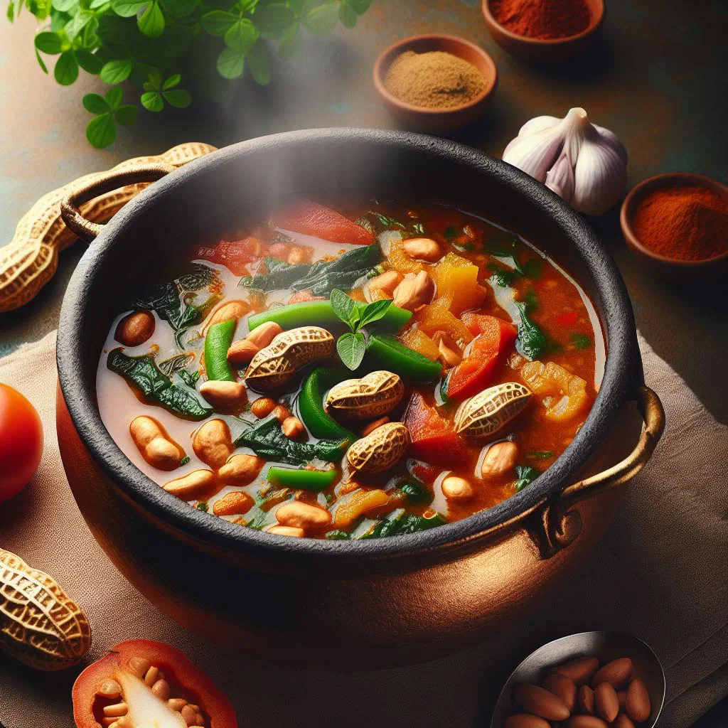 A bowl of creamy groundnut soup with chicken, peppers and chopped peanuts