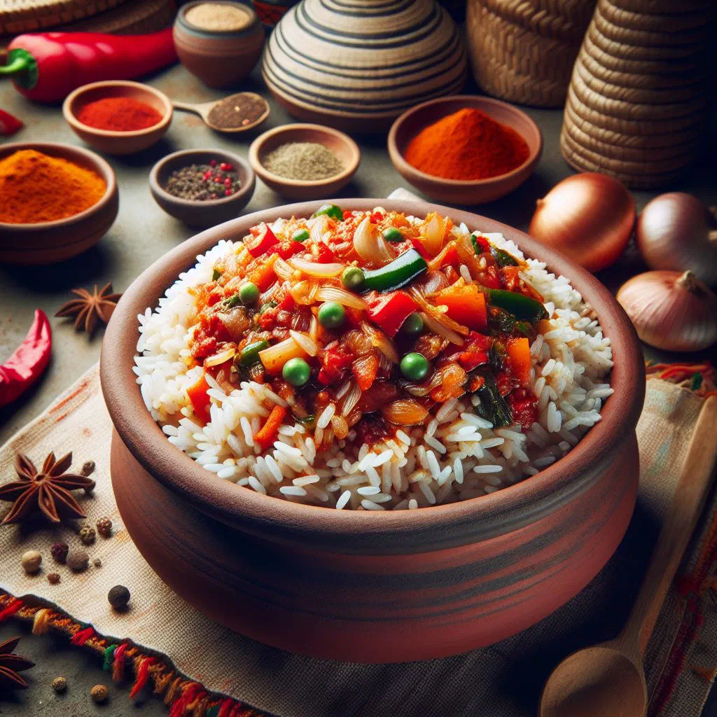 A bowl of vibrant orange-red jollof rice with vegetables