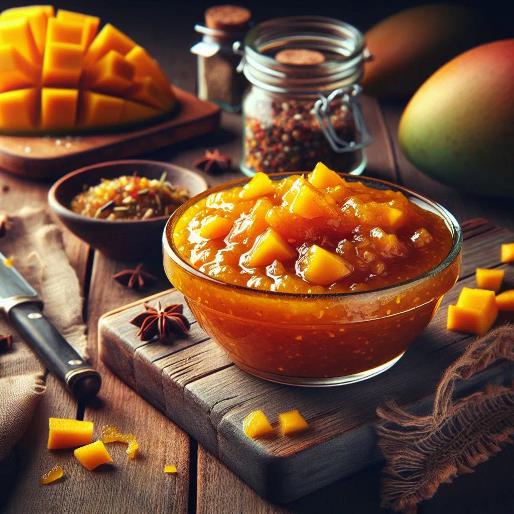 A bowl of golden mango chutney flecked with chilli and onion