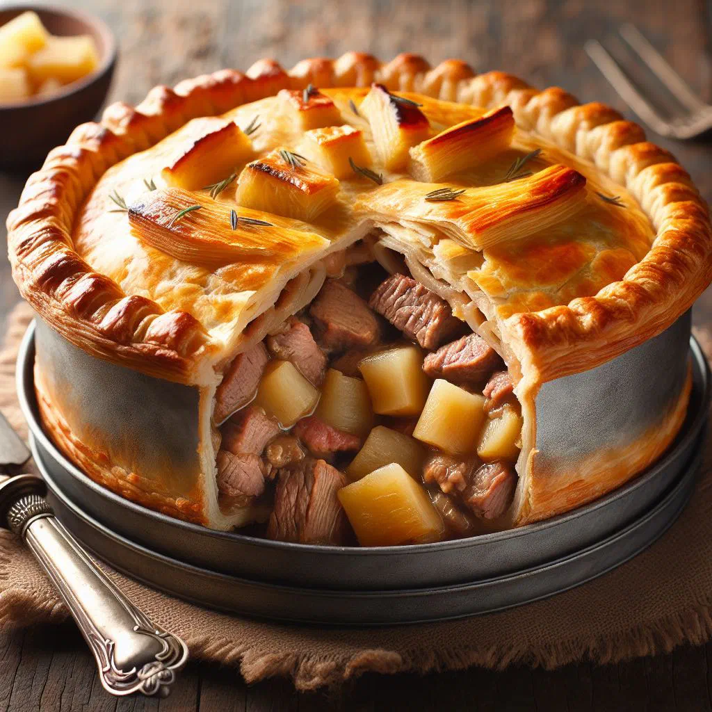 Golden meat and cassava pie sliced open to show the spiced filling