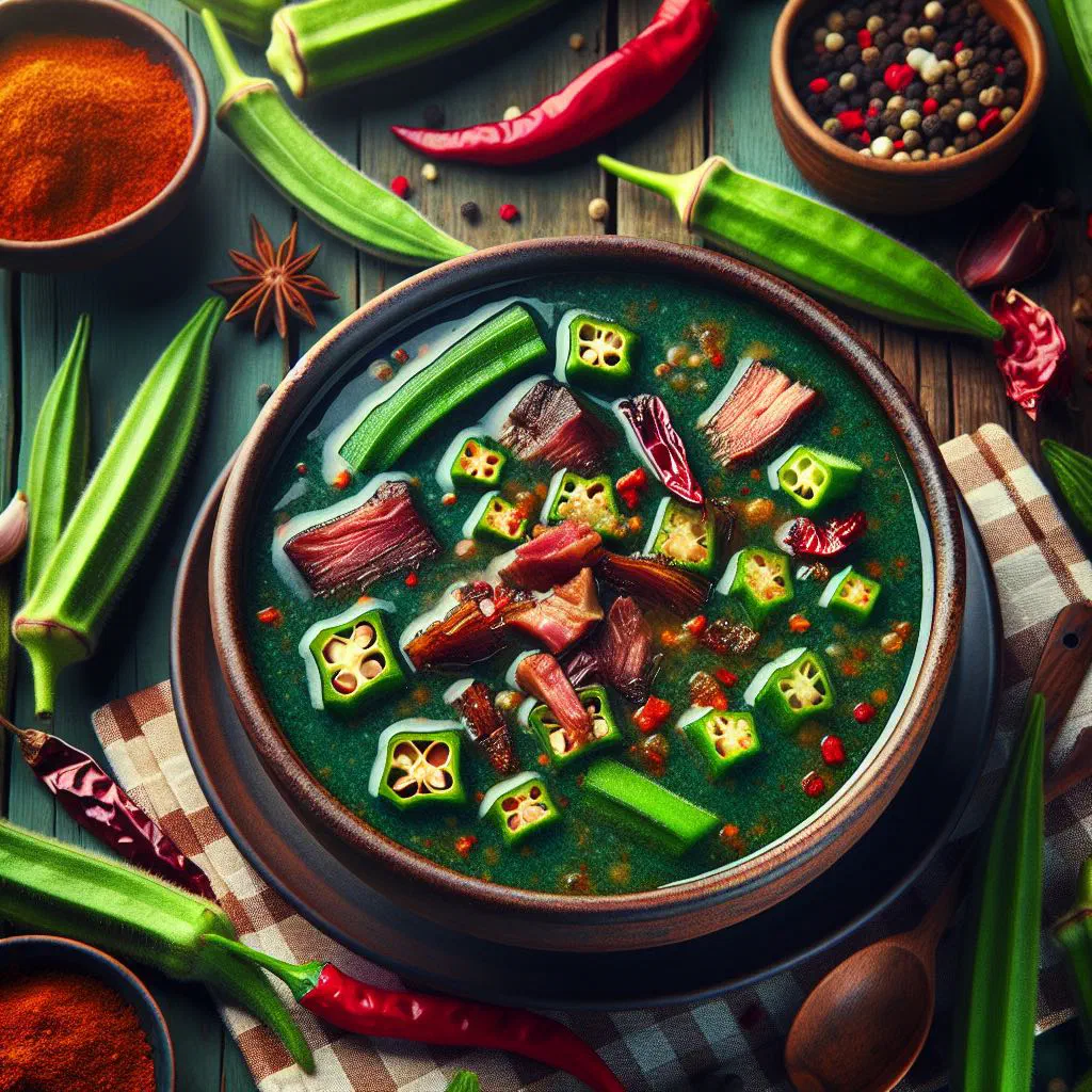 A bowl of okra soup with tender meat and fresh herbs