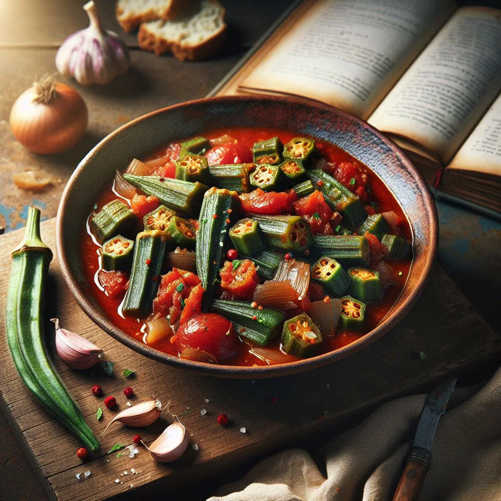 Bowl of Sierra Leonean okra stew with tender meat and tomatoes