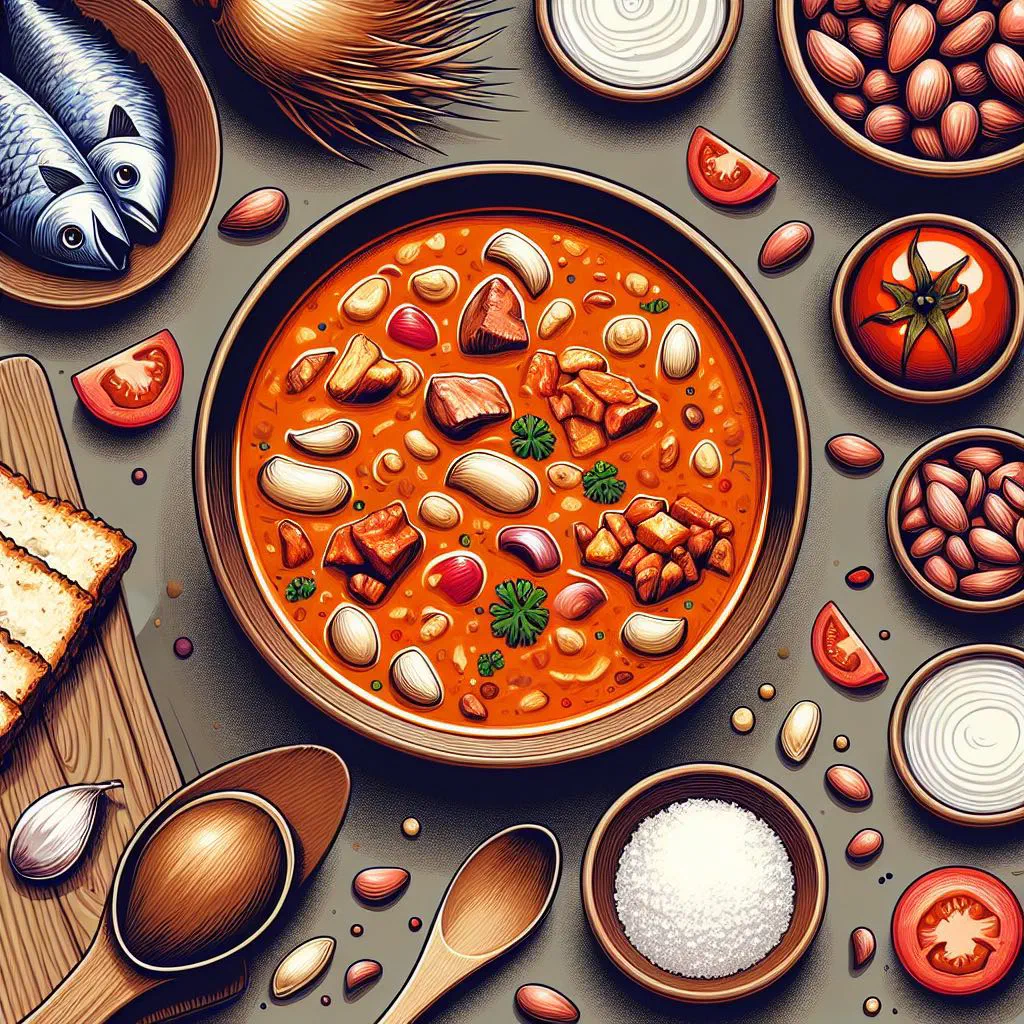 A rich, orange-red bowl of palm nut soup with tender meat