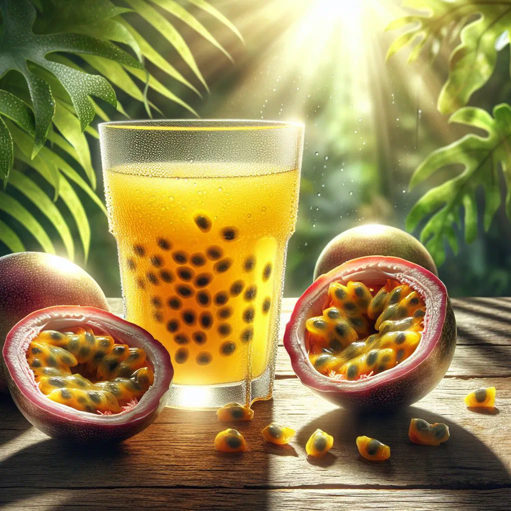 A glass of golden passion fruit juice with ice and fresh mint