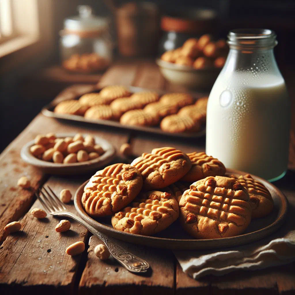 Golden peanut butter cookies with criss-cross fork marks on a plate