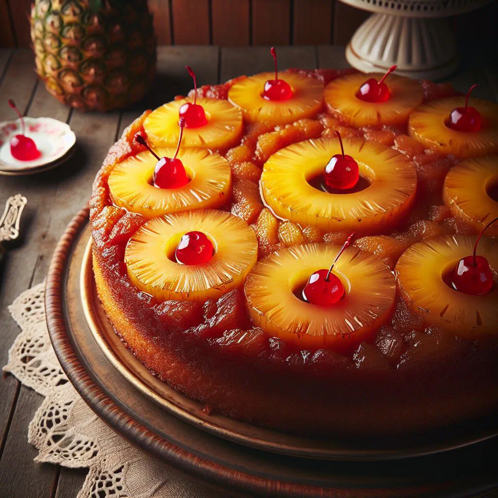 Golden pineapple upside-down cake with caramelised pineapple rings on top