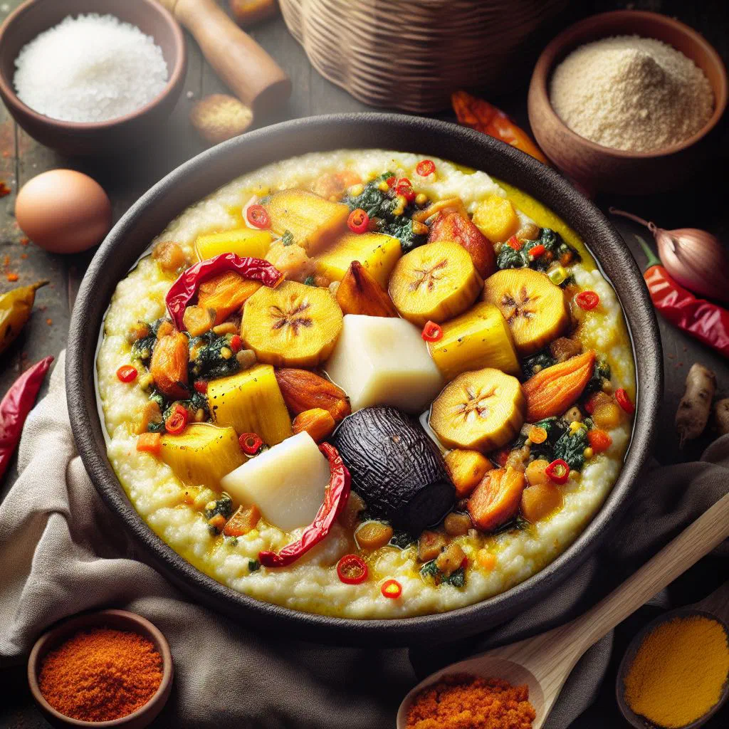 Bowl of creamy plantain and yam porridge garnished with fresh herbs