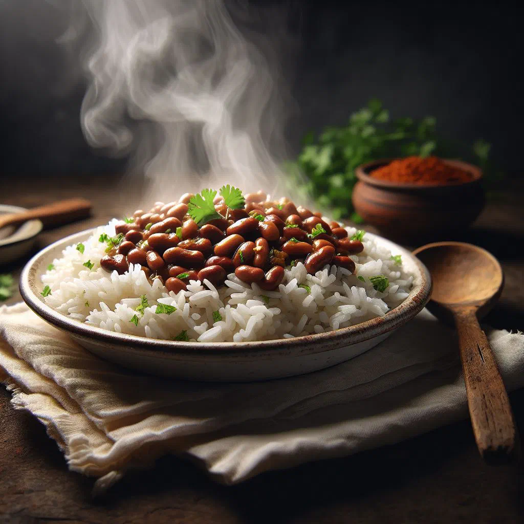 A bowl of rice and beans garnished with fresh herbs