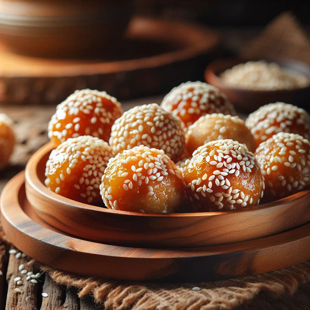 Golden fried sesame balls piled in a bowl