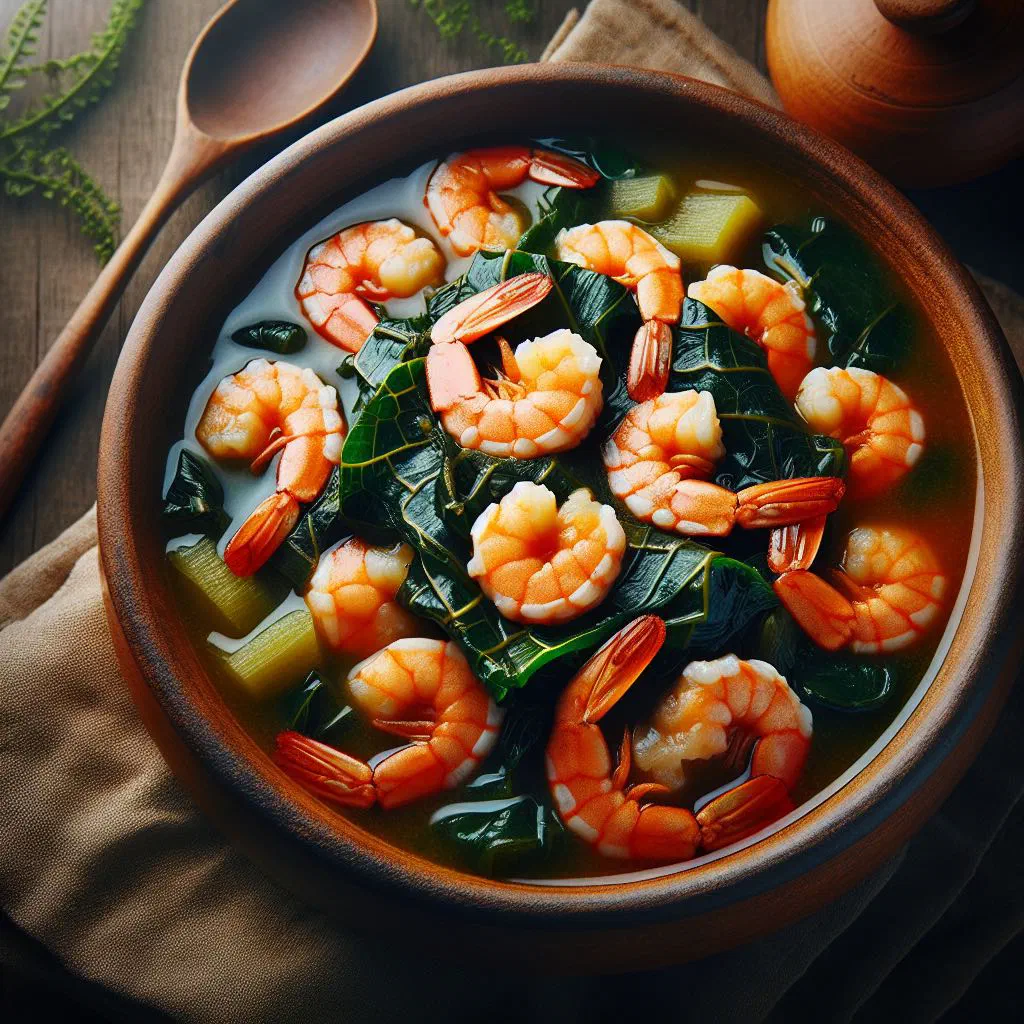 Shrimp and cassava leaf stew in a bowl with palm oil and fresh prawns