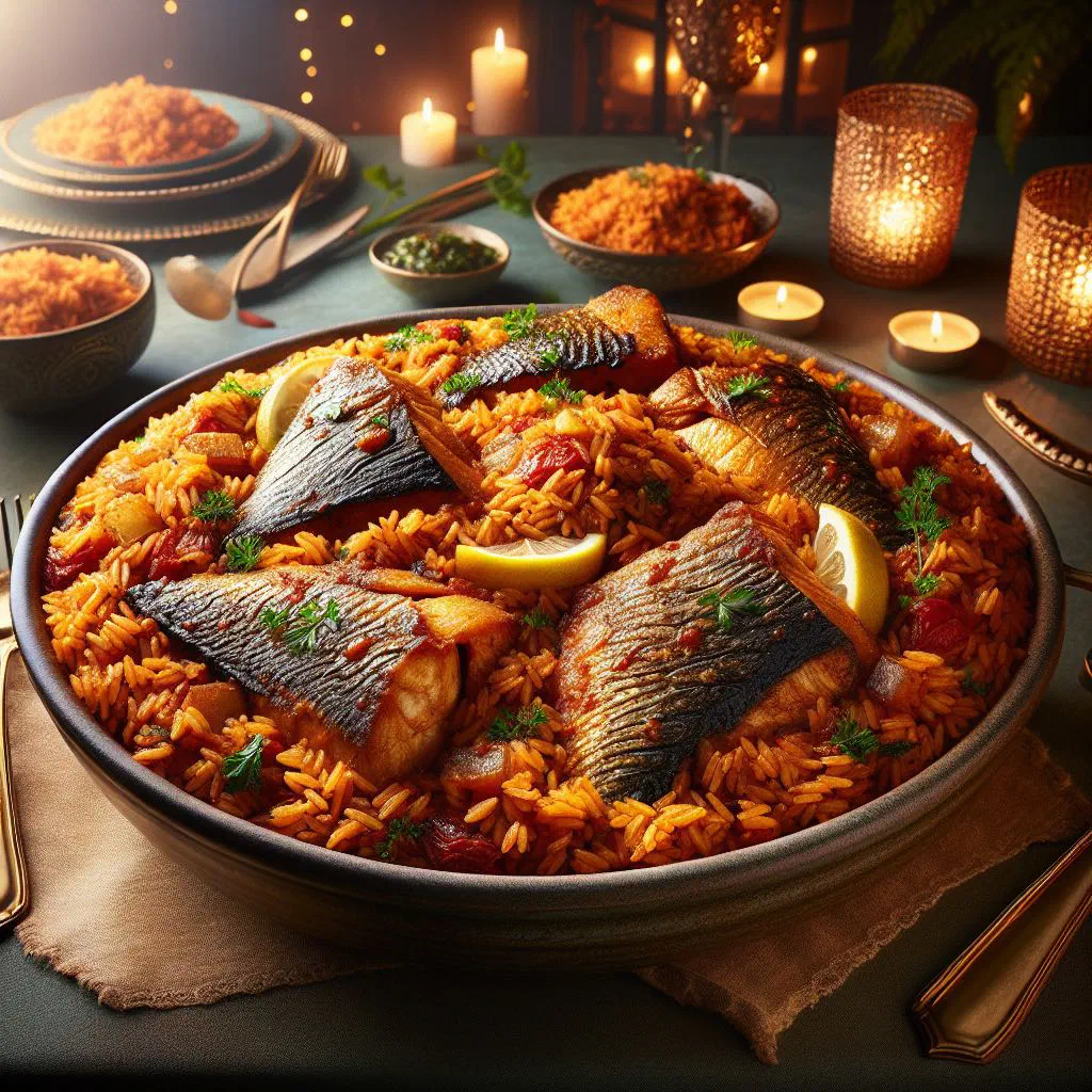 Smoky jollof rice with pan-fried fish and fresh herbs