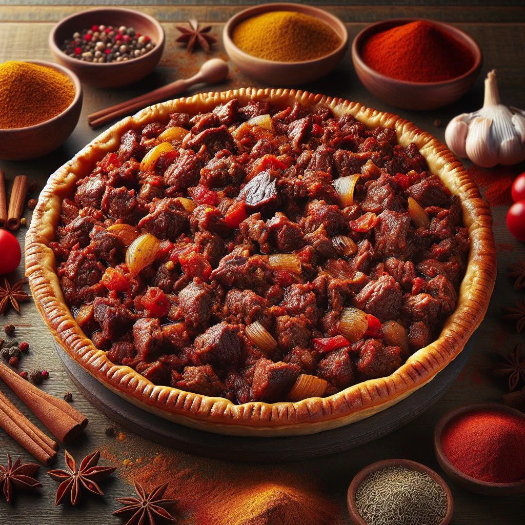 Golden baked spicy meat pies filled with seasoned minced meat