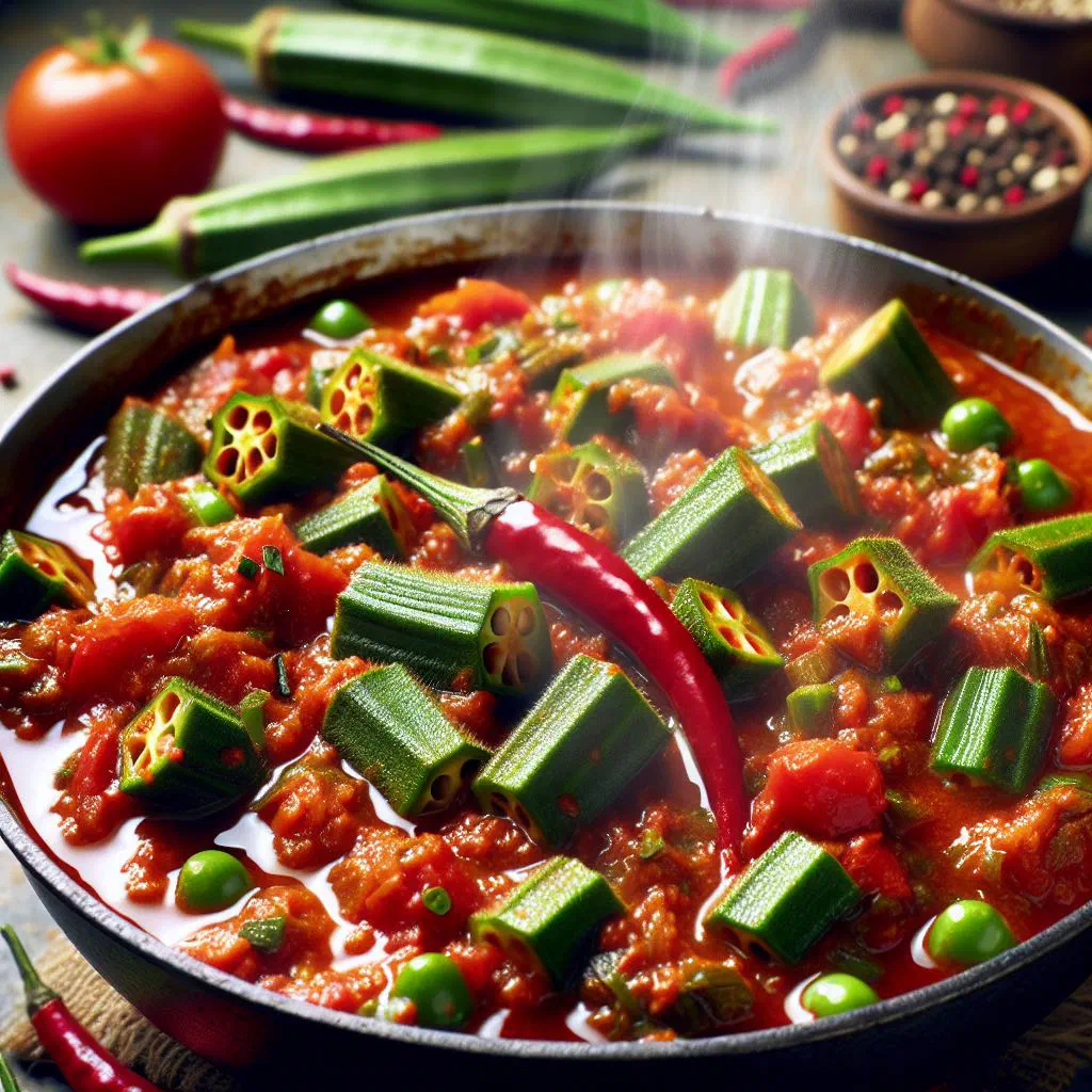 A bowl of spicy okra sauce garnished with fresh herbs, served with rice