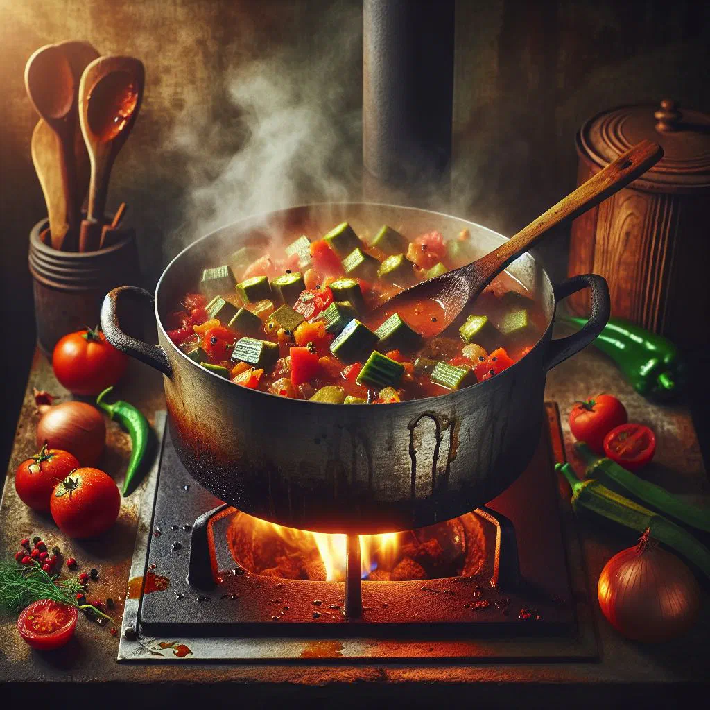 A bowl of spicy okra stew with tomatoes and fresh coriander