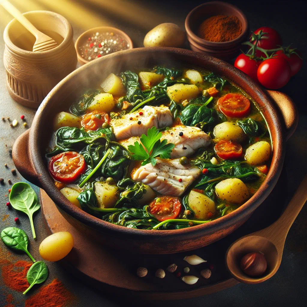 Bowl of Sierra Leonean spinach and fish stew with fresh greens