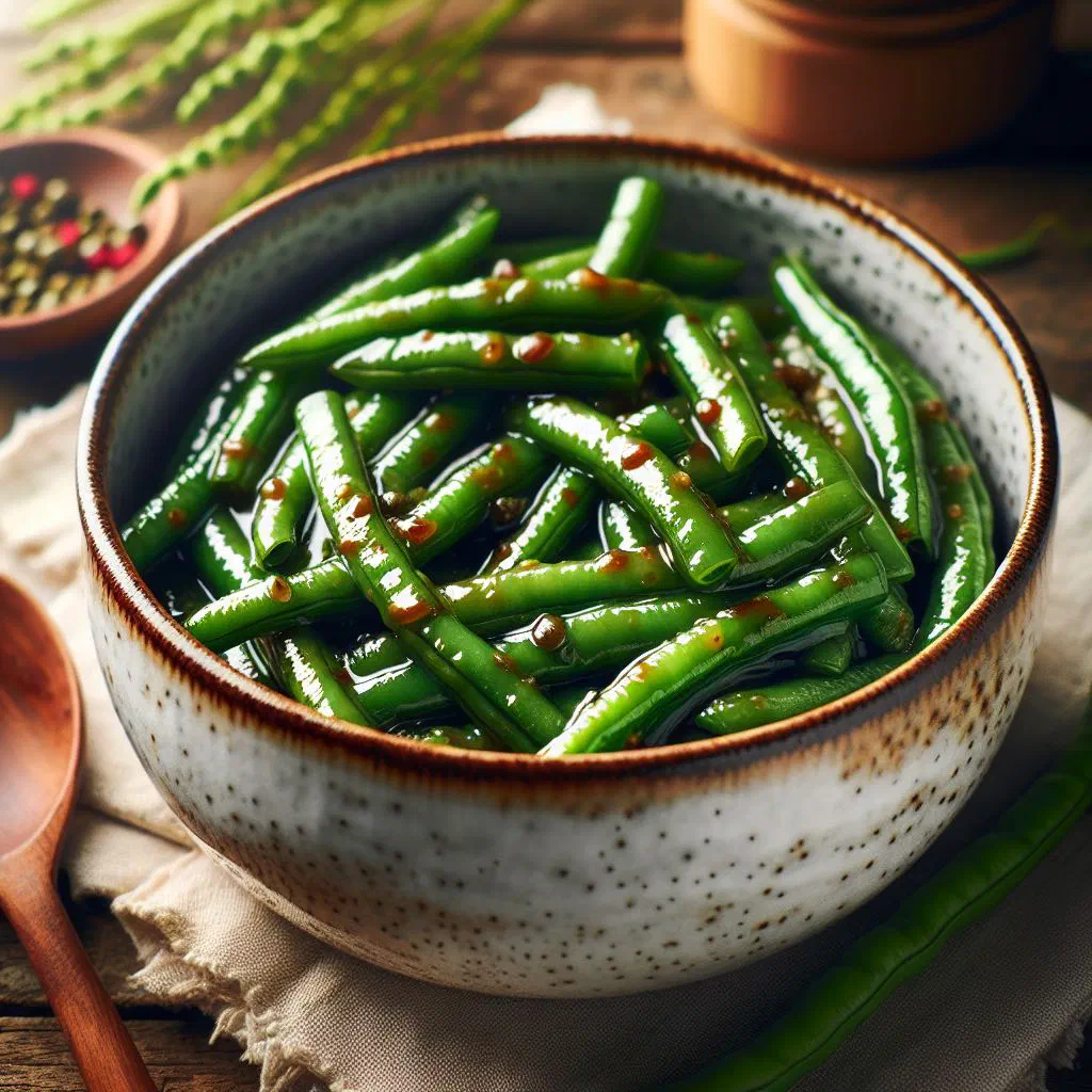 Stewed green beans with onion, chilli and fresh coriander in a bowl