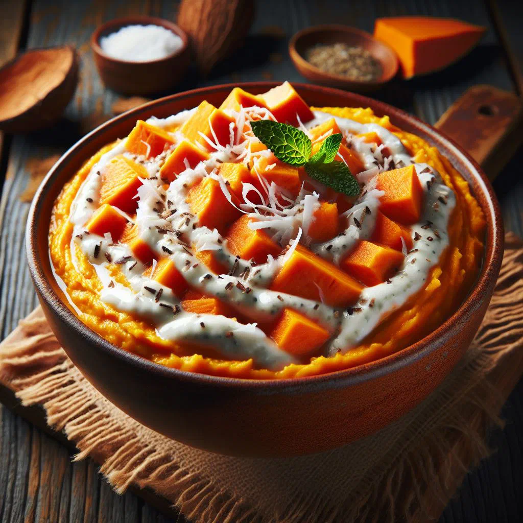 Creamy sweet potato and coconut mash garnished with fresh herbs