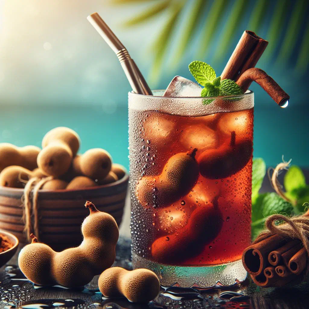 A chilled glass of tamarind juice garnished with mint and lime