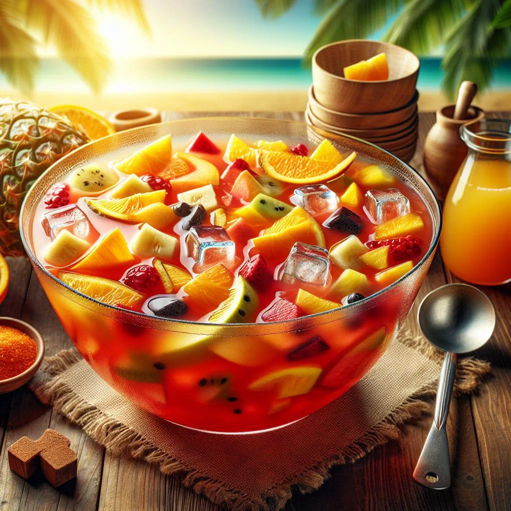 A tall glass of tropical fruit punch with pineapple, mango and fresh mint over ice