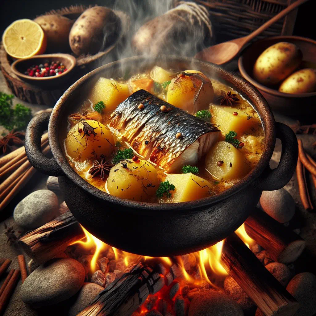 Bowl of yam and fish pottage garnished with fresh herbs