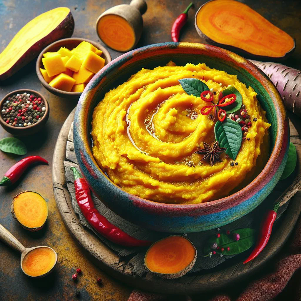 A bowl of yam pottage with tender yam pieces in a rich tomato and chilli sauce