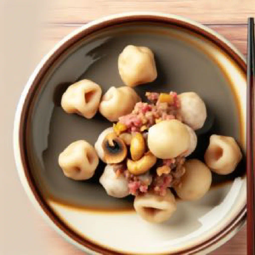 Chewy sweet potato abacus seeds tossed with prawns, mushrooms and chives