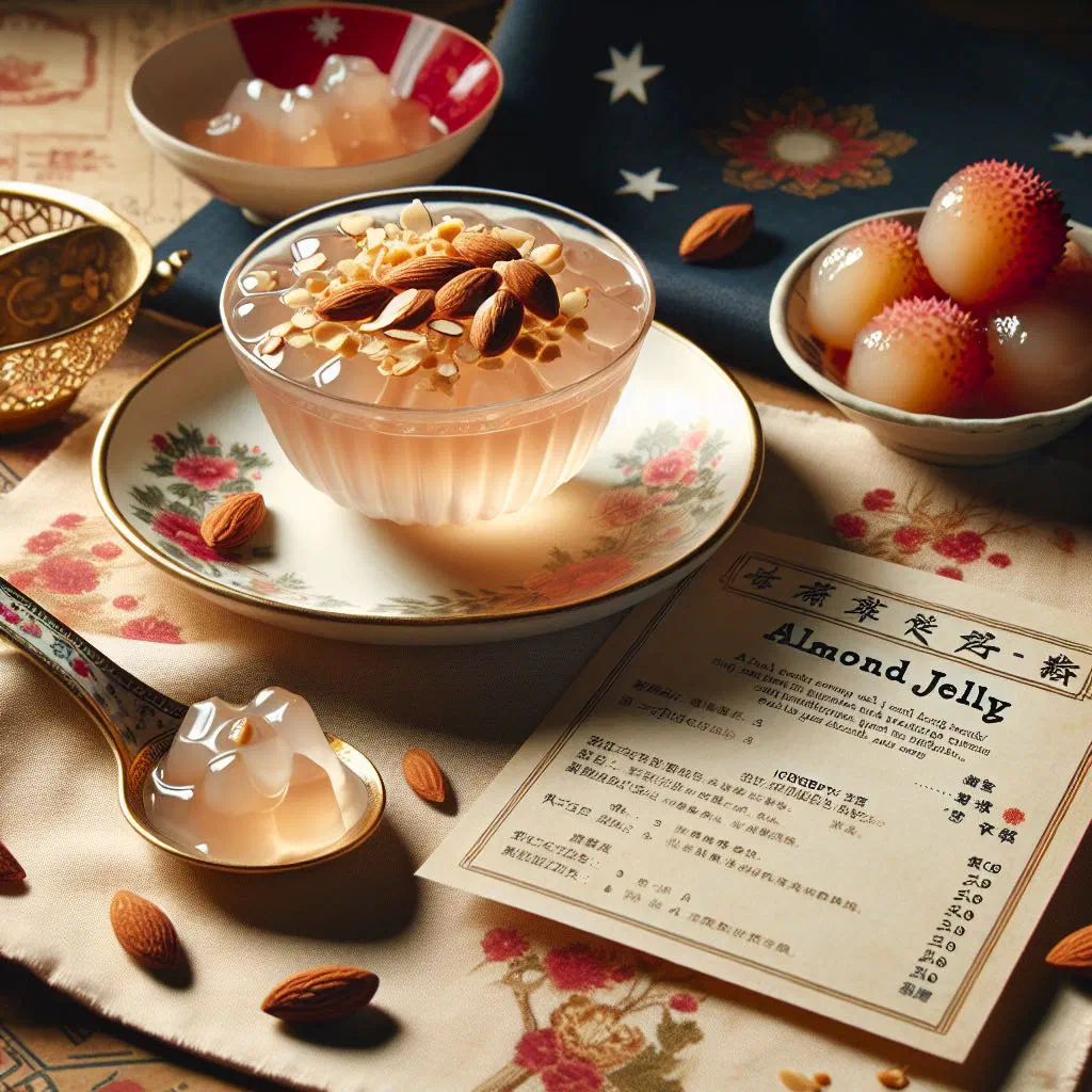 Cubes of almond jelly served with fresh fruit and syrup