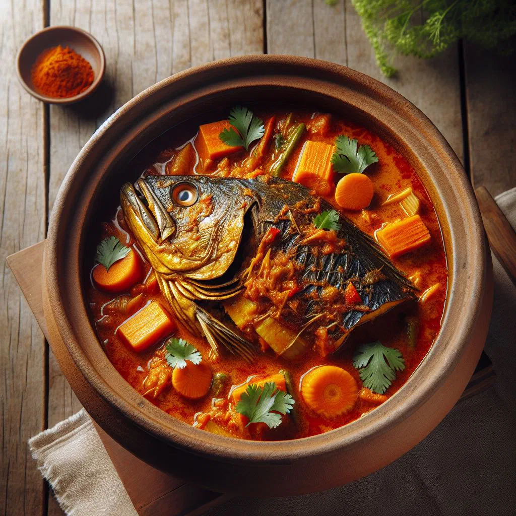 Assam fish head curry in a bowl of tangy tamarind sauce with fresh coriander