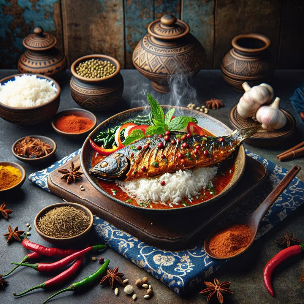 Assam fish simmered in a tangy tamarind sauce, garnished with fresh coriander