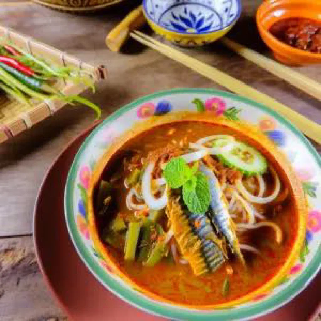 Bowl of assam laksa with rice noodles, flaked fish and fresh herbs