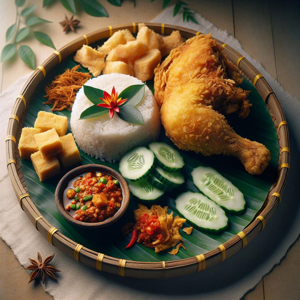 Crispy smashed fried chicken on sambal with rice, cucumber and tofu