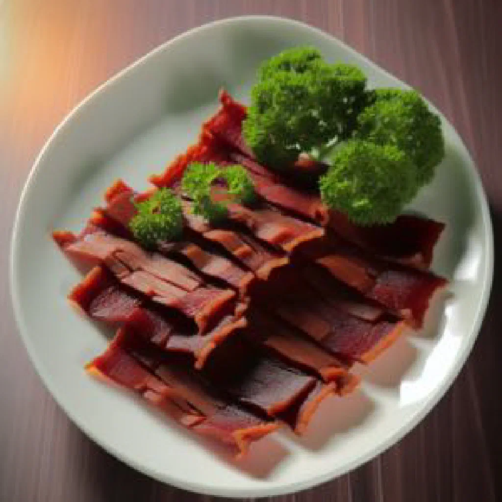 Glossy caramelised slices of grilled Bak Kwa pork jerky