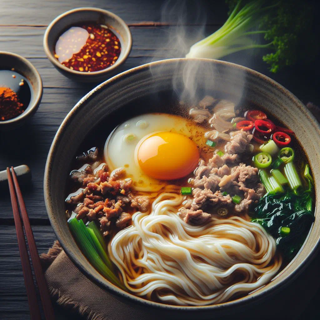 A bowl of Ban Mian noodle soup with vegetables and spring onions
