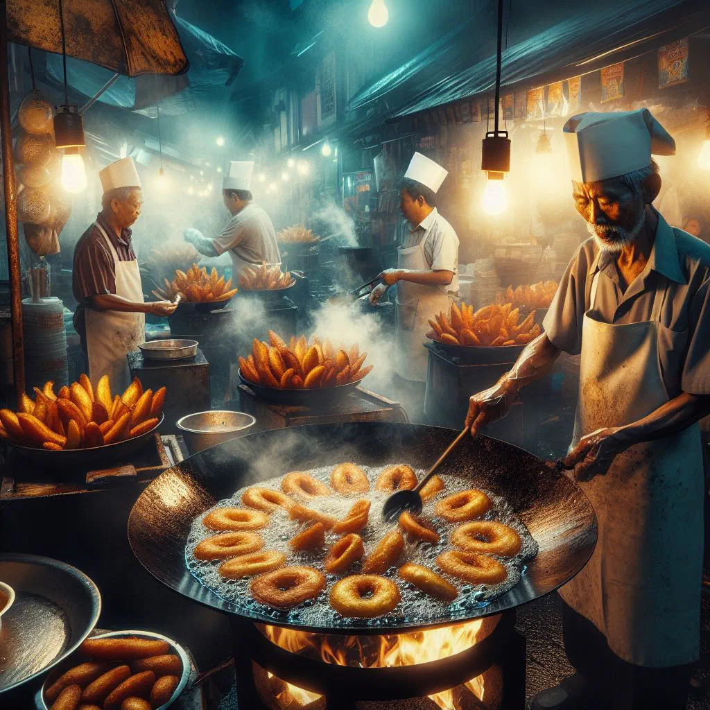 Golden deep-fried banana fritters piled on a plate