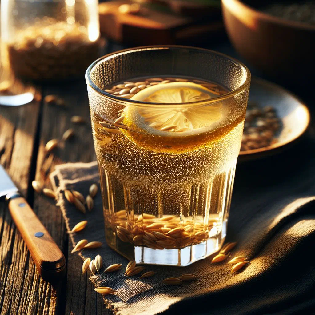 A tall glass of chilled barley water with ice and a slice of lemon