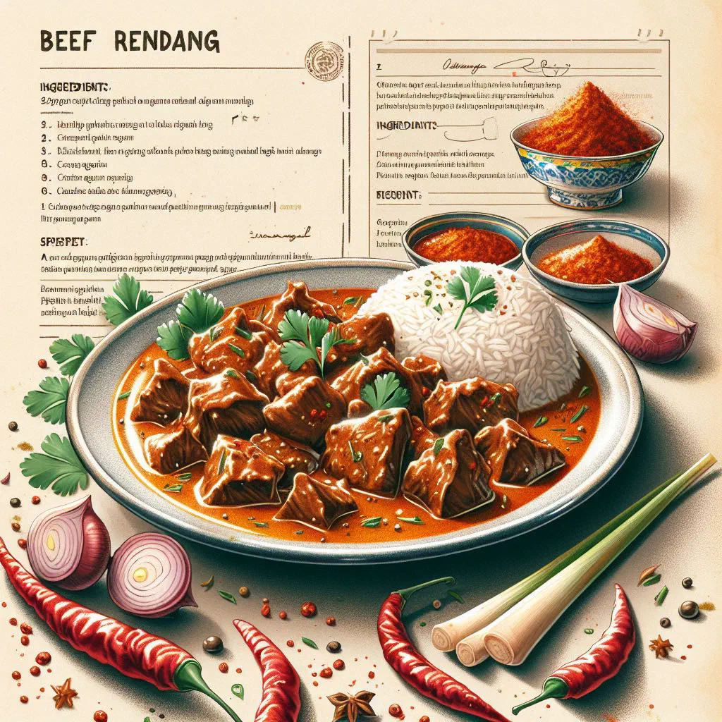 Rich, dark beef rendang in a bowl garnished with fresh coriander