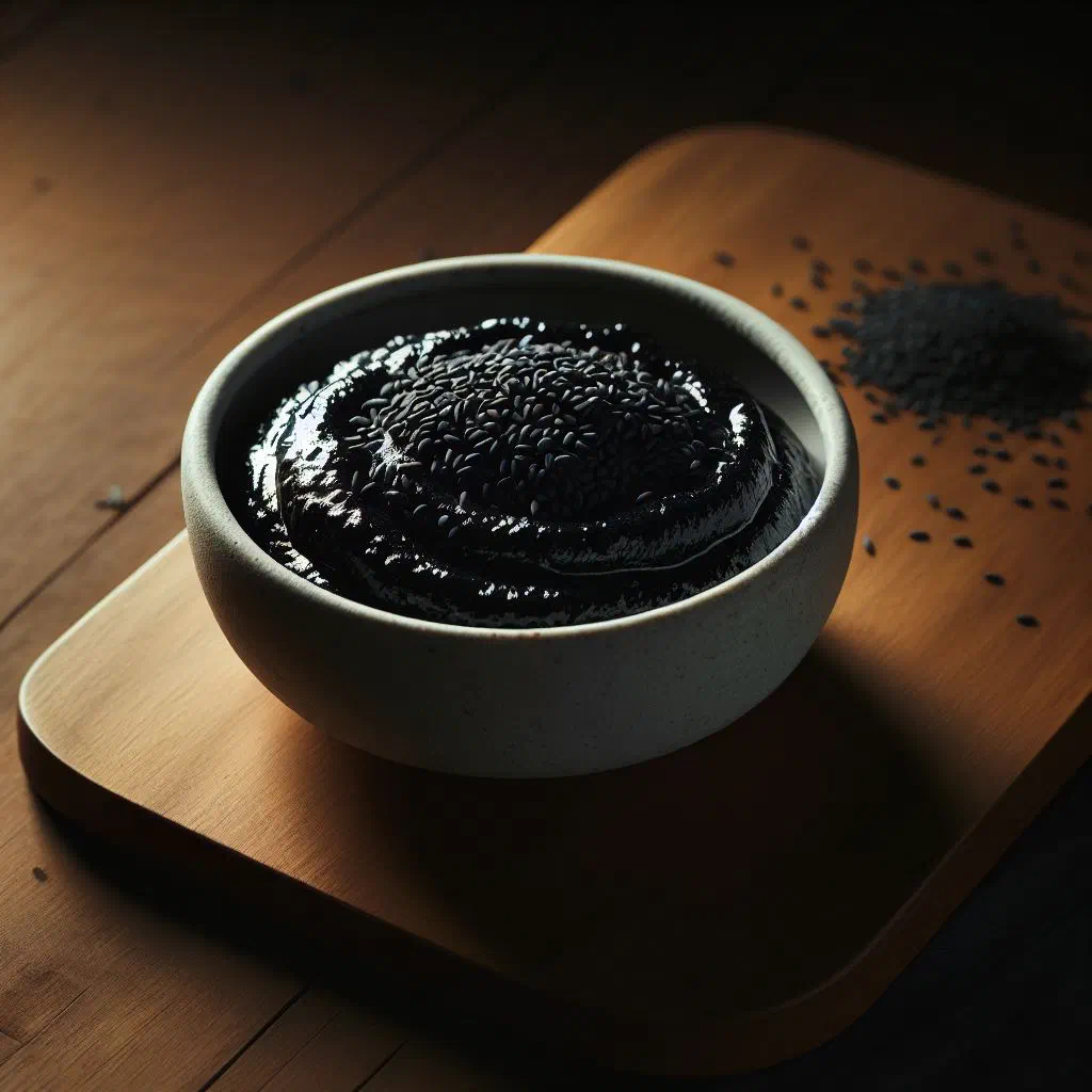 Bowl of glossy black sesame paste with roasted black sesame seeds