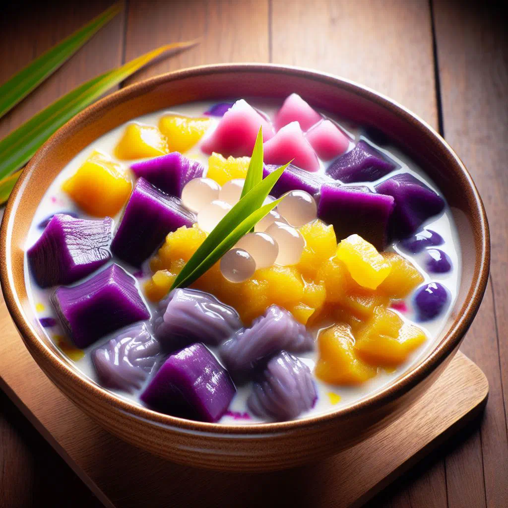 Bowl of colourful bubur cha cha with sweet potato and tapioca in coconut milk