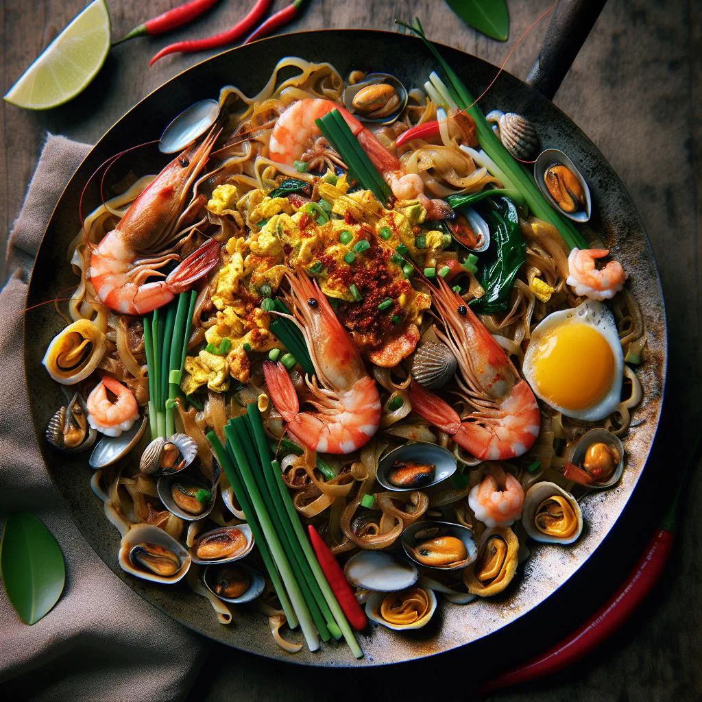 Char kway teow with wok-fried flat rice noodles, prawns and squid garnished with coriander